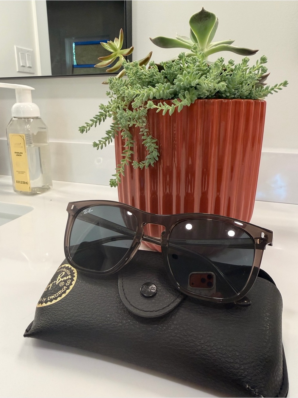 Ray-Ban Translucent Brown Frame Sunglasses with Dark Gray Lenses